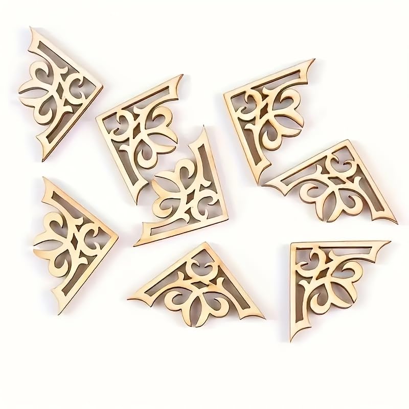 Set of decorative wooden corner brackets with intricate patterns on a white background