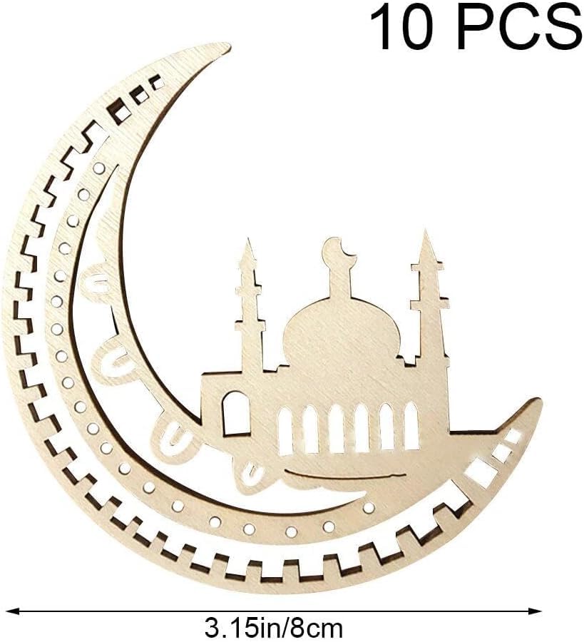Wooden crescent moon and mosque design cutout with '10 PCS' and dimensions on a white background