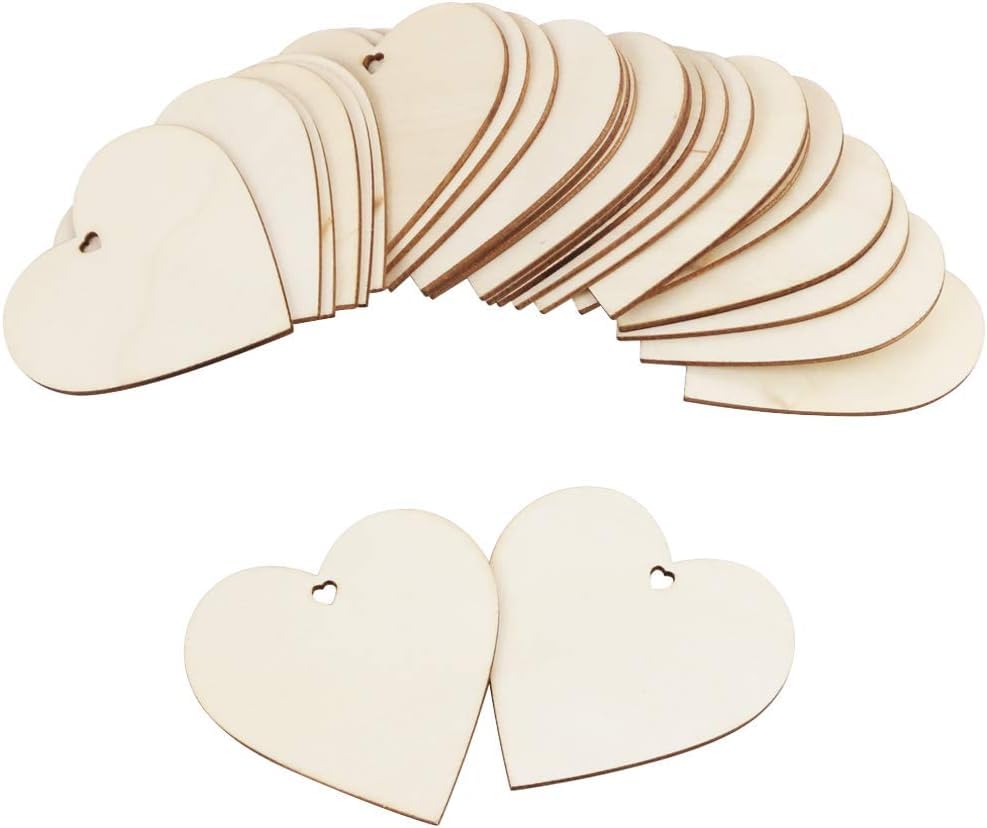Wooden heart-shaped tags on a white background