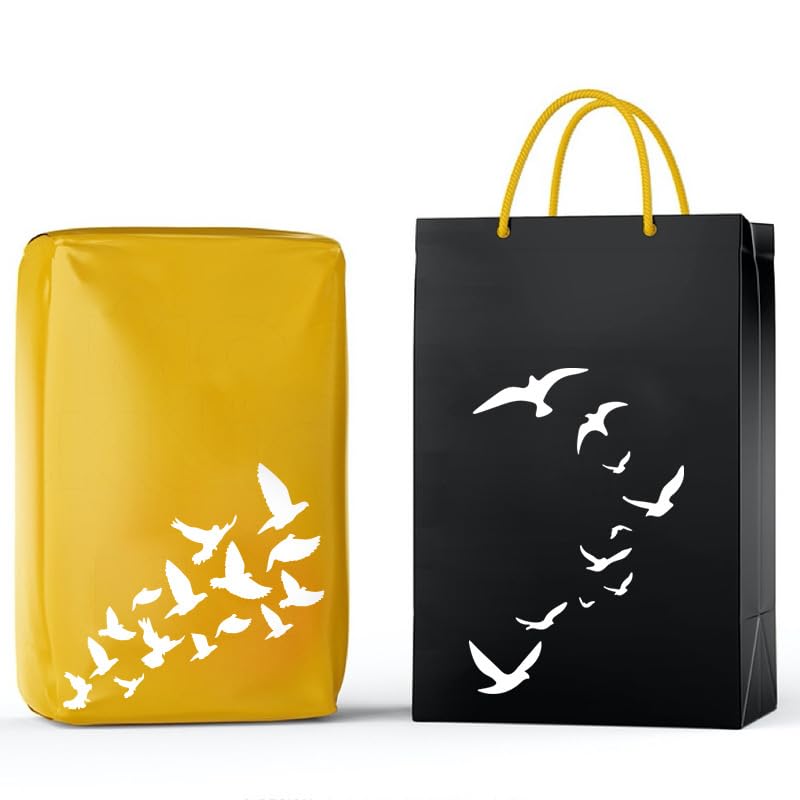 Yellow and black bags with bird designs on a white background