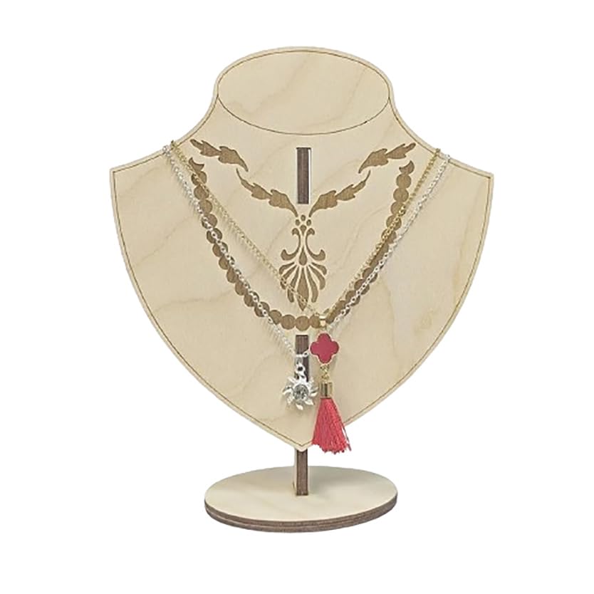 Beige necklace stand with a decorative necklace on a white background