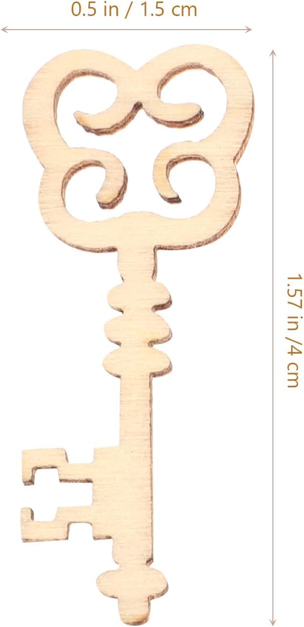 Wooden key-shaped cutout with measurements on a white background