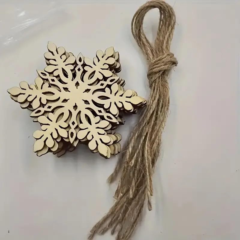 Wooden snowflake ornament with jute string on a white background
