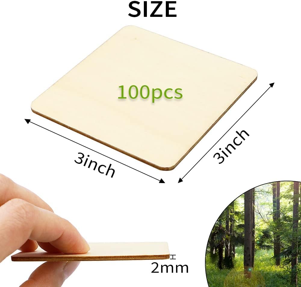 Wooden square stickers with dimensions and quantity on a white background