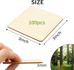 Wooden square stickers with dimensions and quantity on a white background