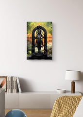 Framed artwork of a statue in a living room setting