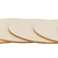 Three cardboard circles with a wooden border on a white background