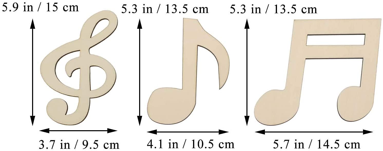 Wooden music notes with measurements in inches and centimeters