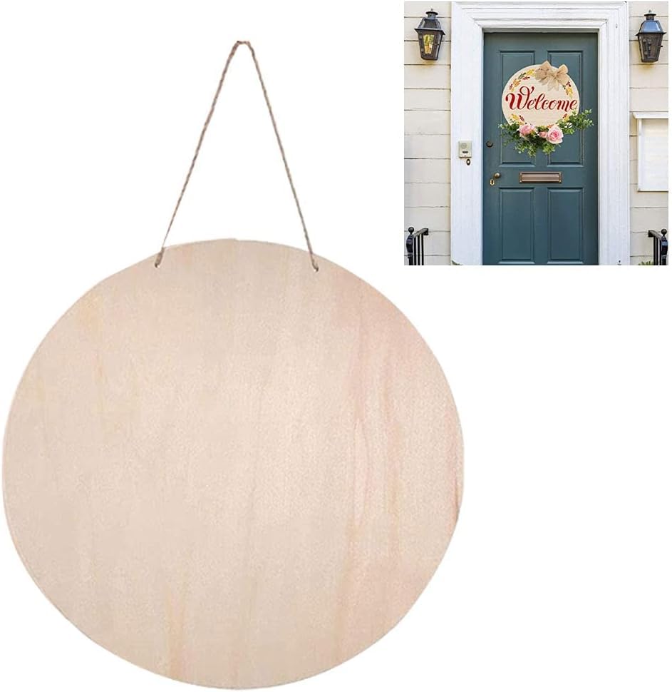 Round wooden hanging sign with a 'Welcome' sign on a door.