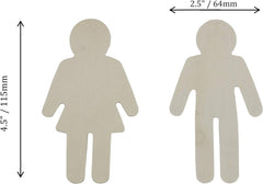 Two paper cutout figures of a woman and a man with dimensions indicated.