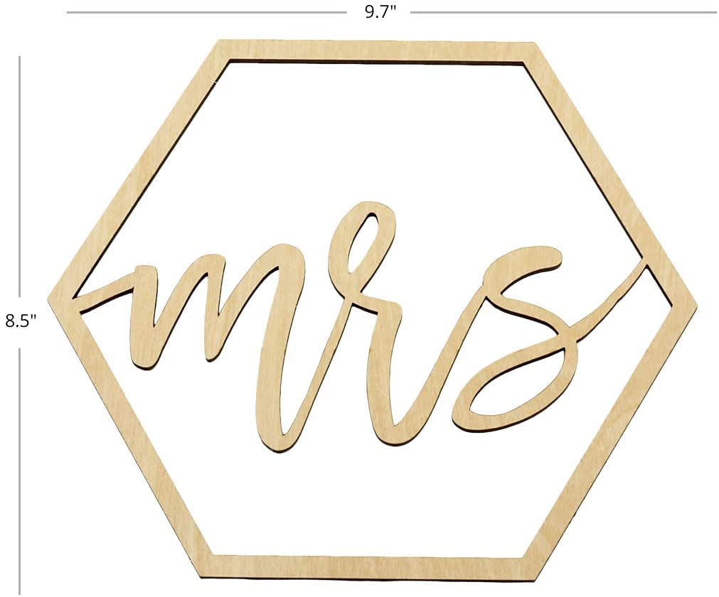 Hexagonal wooden sign with 'Mrs.' in cursive on a white background