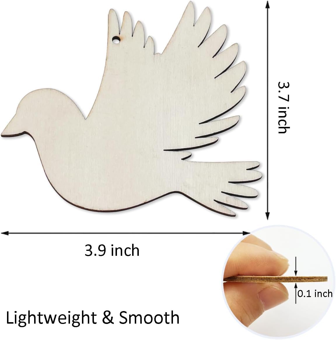 Wooden dove ornament with measurements and texture details on a white background