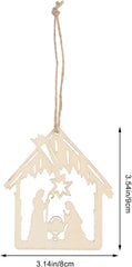 Wooden nativity scene hanging ornament with measurements on a white background