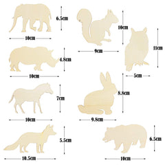 Set of wooden animal cutouts with measurements on a white background