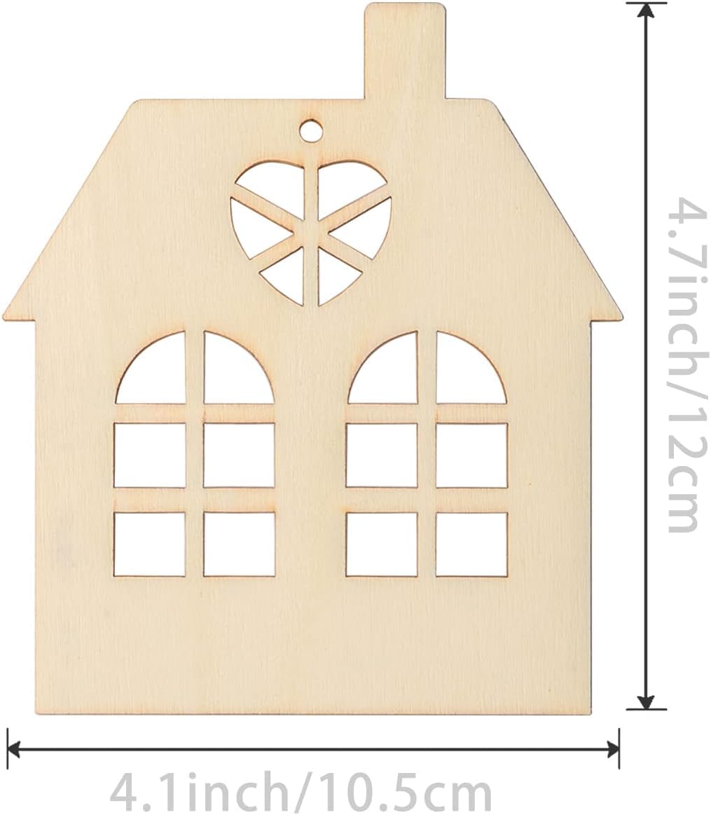 Wooden house-shaped cutout with measurements on a white background