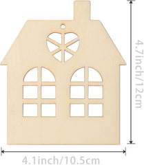 Wooden house-shaped cutout with measurements on a white background