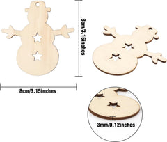 Wooden snowman-shaped cutouts with measurements on a white background