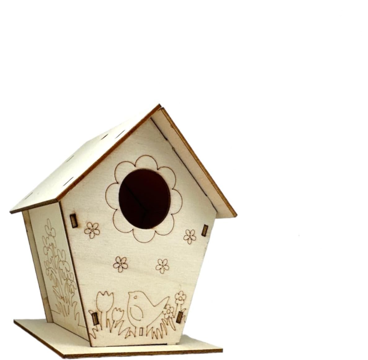 Wooden birdhouse with floral and bird designs on a white background