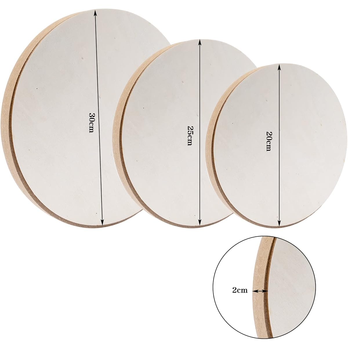 Three circular wooden frames with measurements on a white background