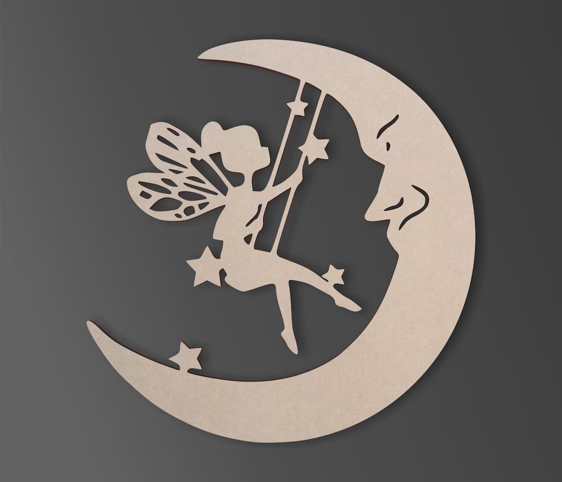 Decorative cutout of a fairy on a crescent moon with stars against a dark background