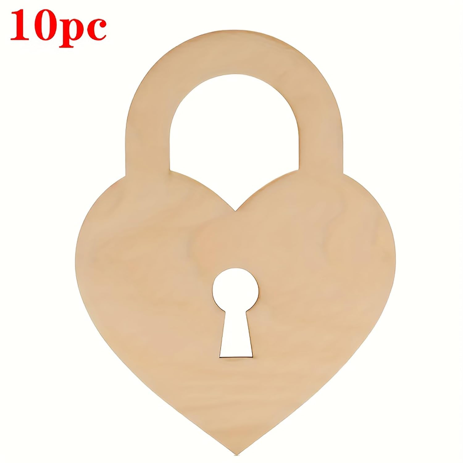 Heart-shaped wooden lock with a keyhole on a white background, labeled '10pc'.
