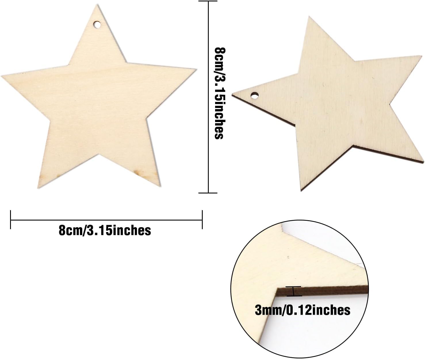 Two star-shaped wooden cutouts with measurements on a white background