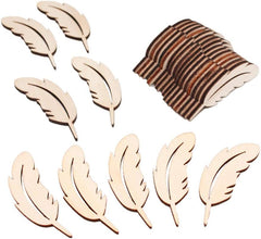 Wooden feather shapes and a roll of brown ribbon on a white background