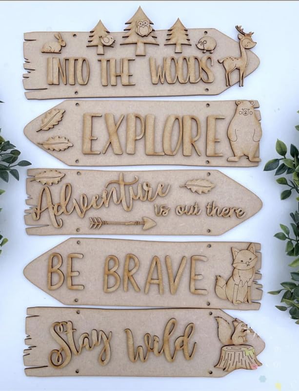 Set of wooden signs with motivational phrases on a white background