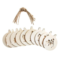 Set of wooden Christmas ornaments with cut-out designs on a white background