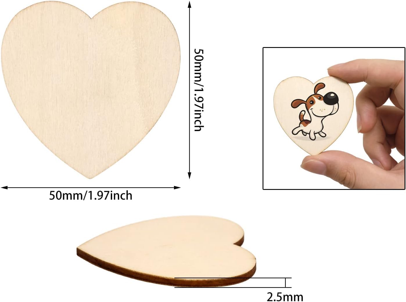 Wooden heart-shaped cutout with measurements and a hand holding a smaller heart with a dog illustration.