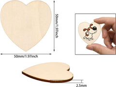 Wooden heart-shaped cutout with measurements and a hand holding a smaller heart with a dog illustration.