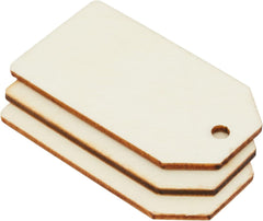 Three wooden tags with a hole in the center on a white background