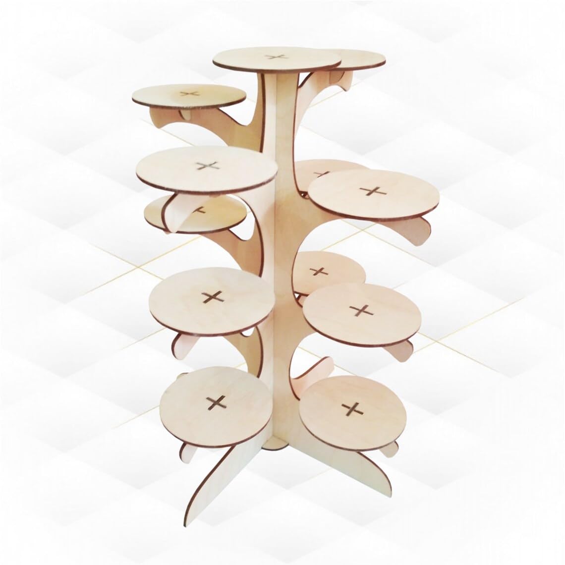 Wooden tiered cake stand on a white background