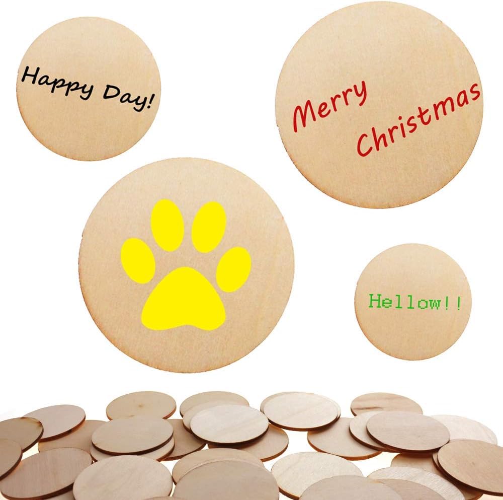Wooden discs with 'Happy Day!', 'Merry Christmas', and 'Hello!' text, along with a yellow paw print.