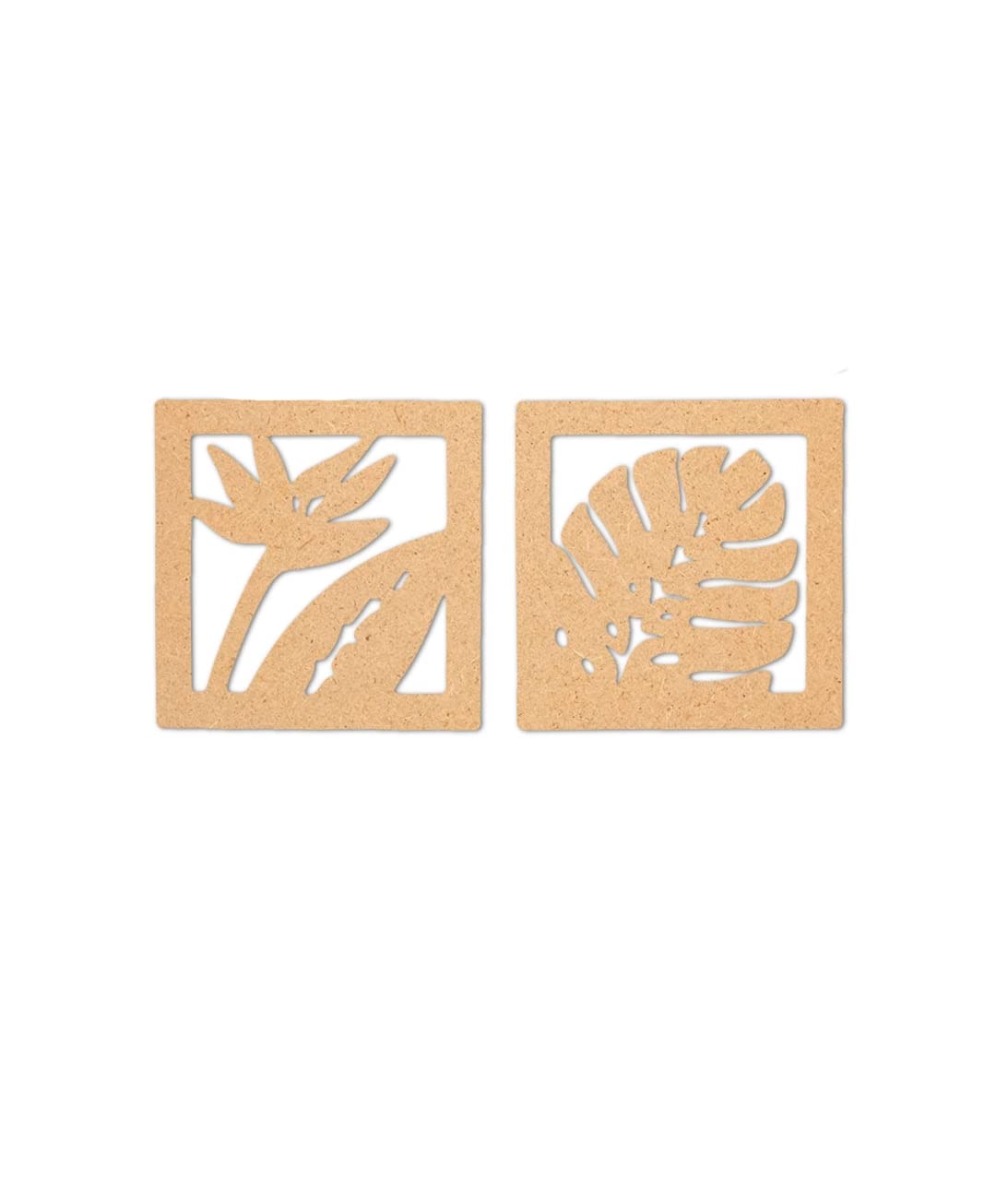 Two wooden cutout shapes with leaf patterns on a white background