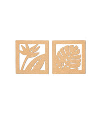Two wooden cutout shapes with leaf patterns on a white background