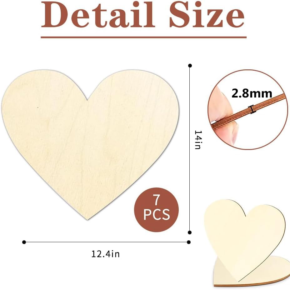Heart-shaped wooden cutouts with measurements and details on a white background