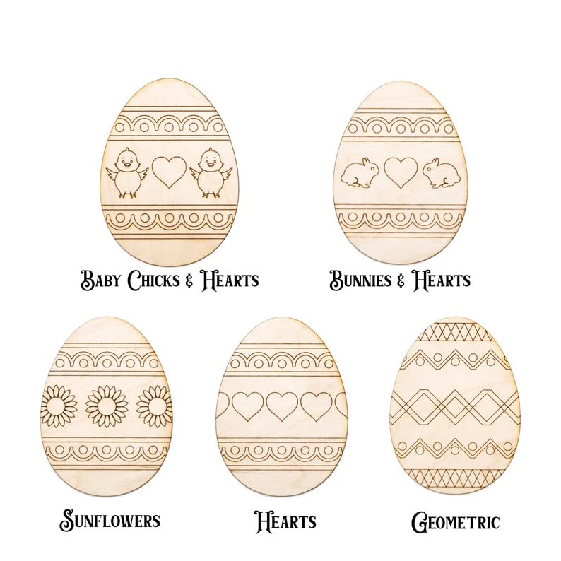 Set of five wooden Easter egg designs with patterns and text on a white background