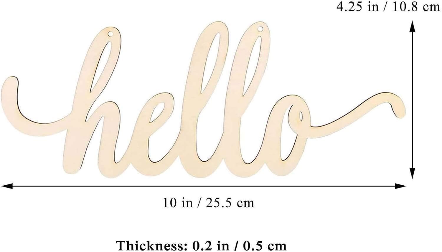 Wooden sign with 'hello' text and measurements on a white background