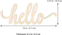 Wooden sign with 'hello' text and measurements on a white background