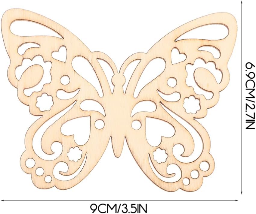 Wooden butterfly cutout with decorative patterns and measurements on a white background