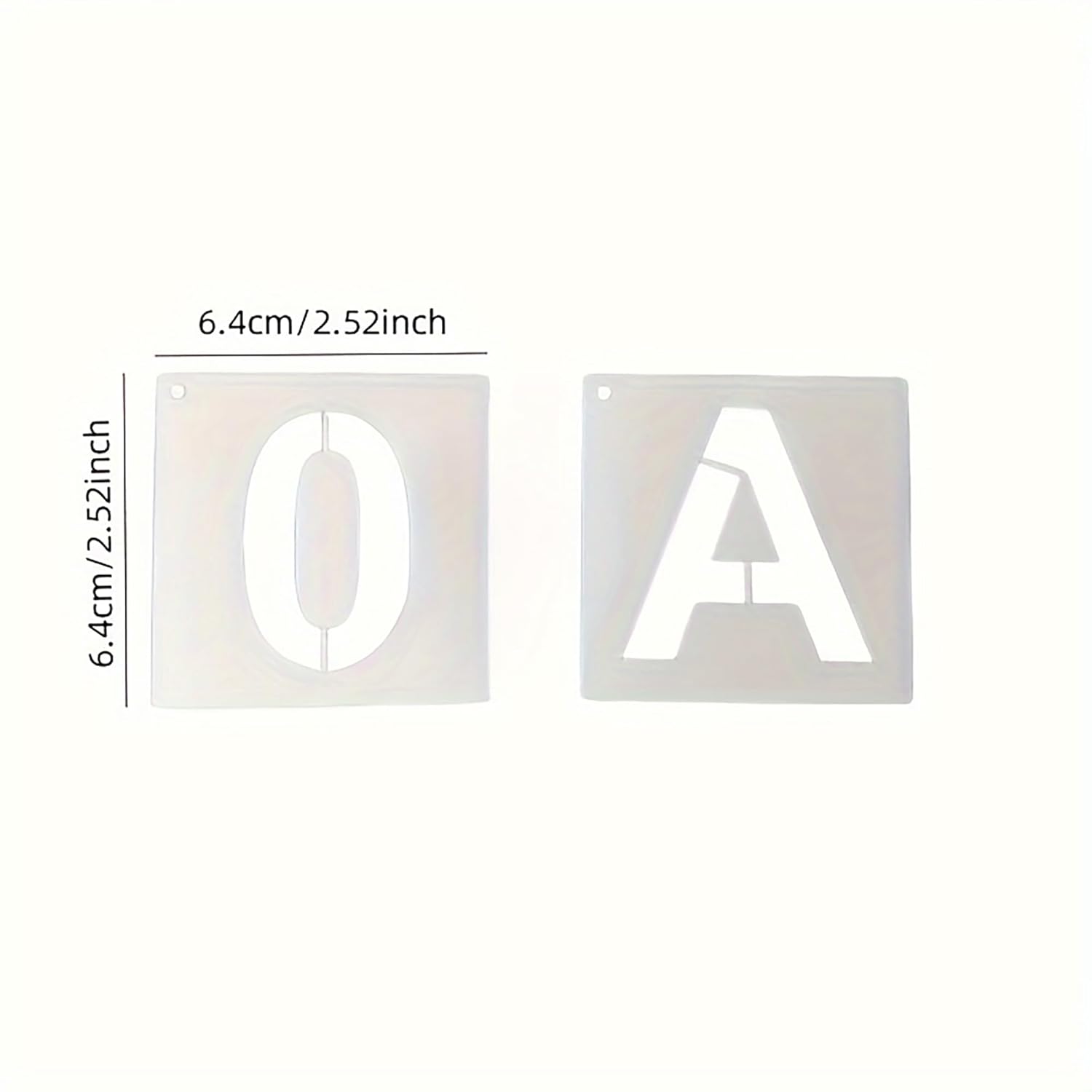 Two square metal stencils with 'O' and 'A' letters, showing dimensions on a white background.