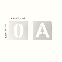 Two square metal stencils with 'O' and 'A' letters, showing dimensions on a white background.