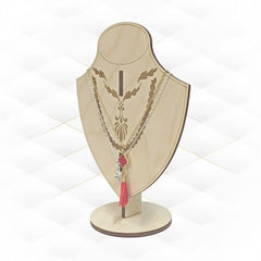 Wooden necklace display stand with two necklaces on a white background