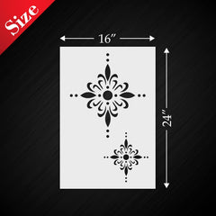 Decorative stencil with floral designs and measurements on a black background