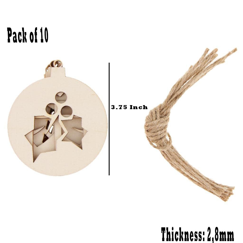 Wooden pendant with cut-out design and jute string, labeled 'Pack of 10', '3.75 Inch', and 'Thickness: 2.8mm'.