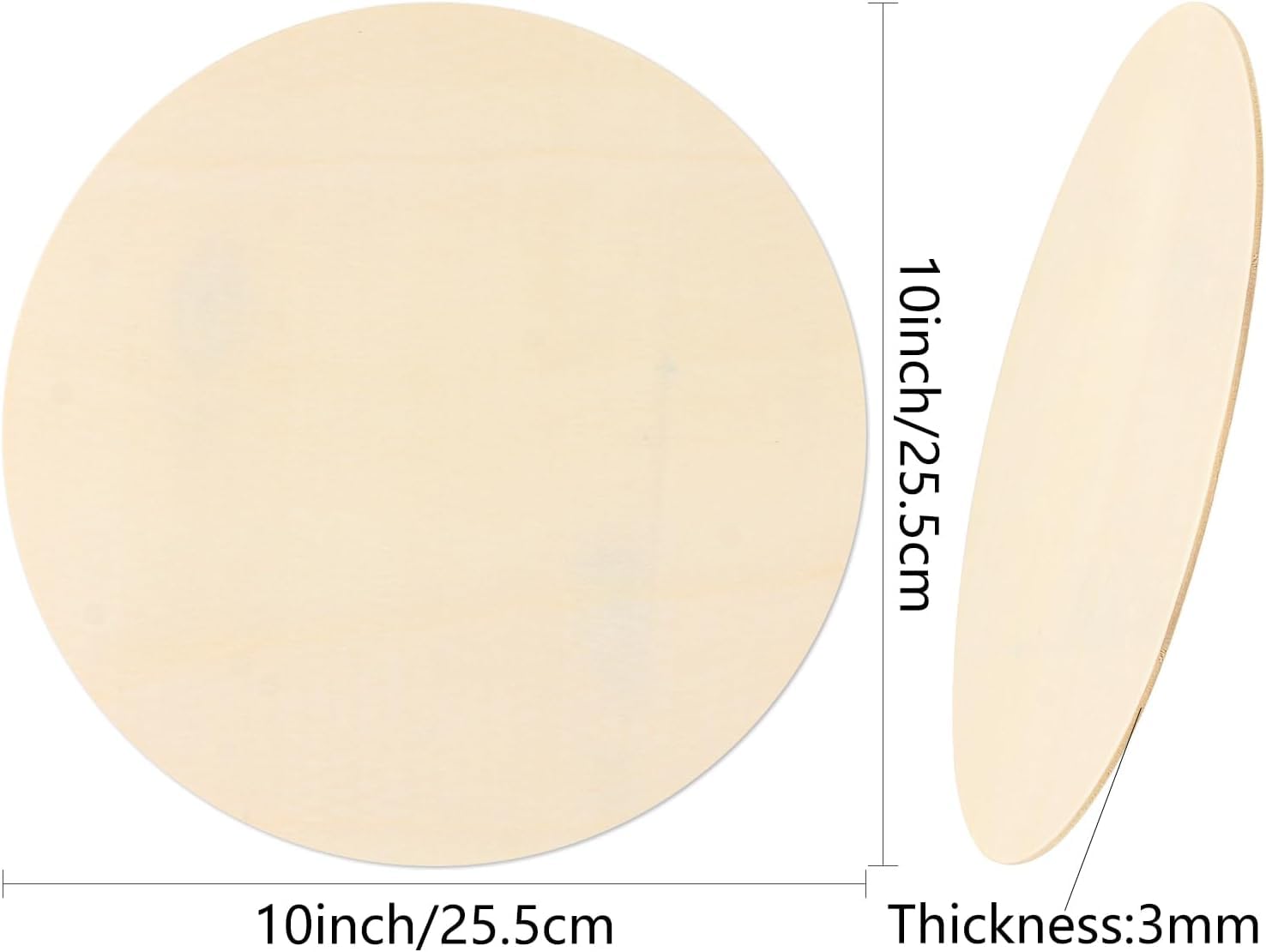 Two round wooden coasters with measurements on a white background