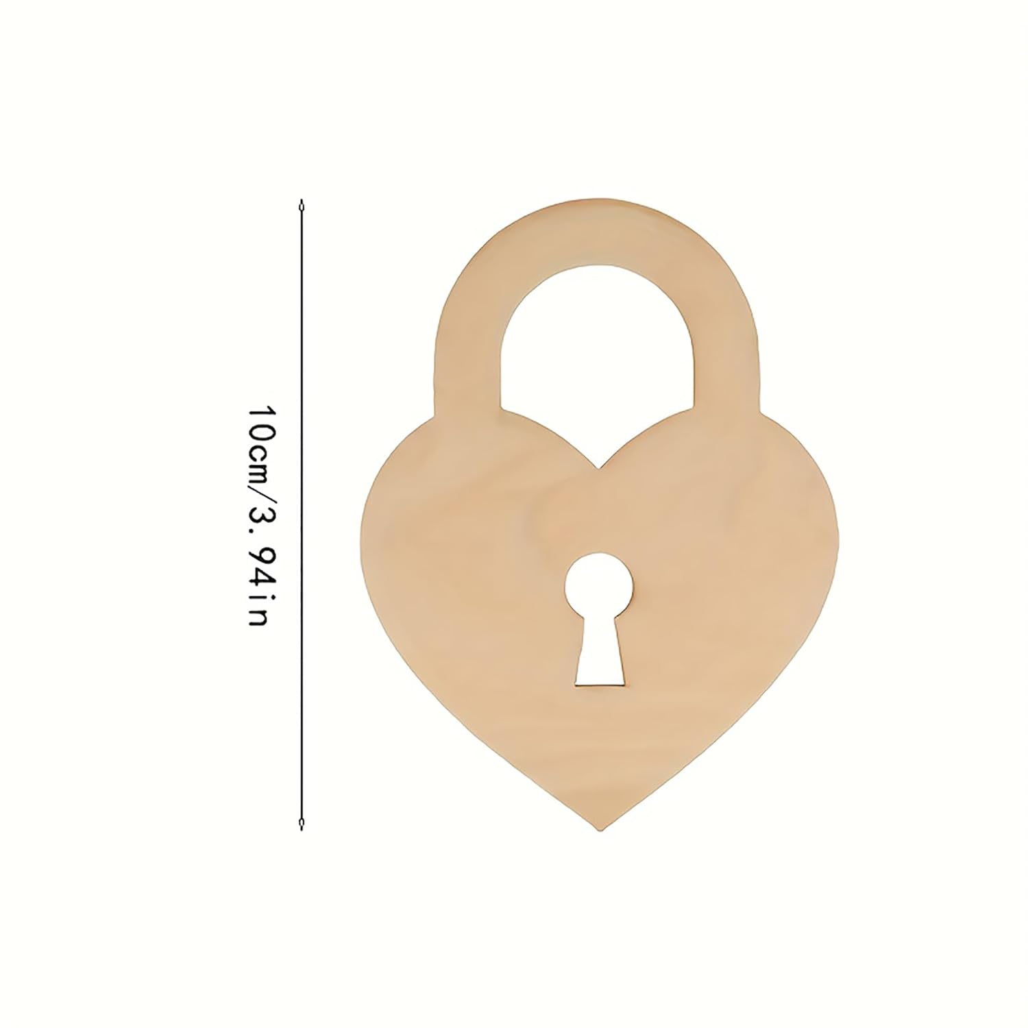 Heart-shaped lock with keyhole cutout and measurement on a white background
