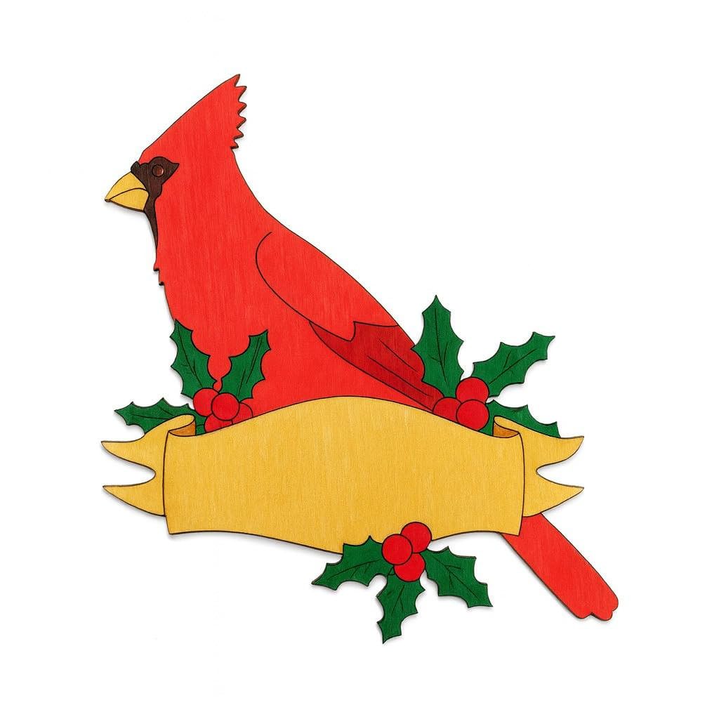 Decorative cutout of a red cardinal bird with holly leaves and berries on a white background