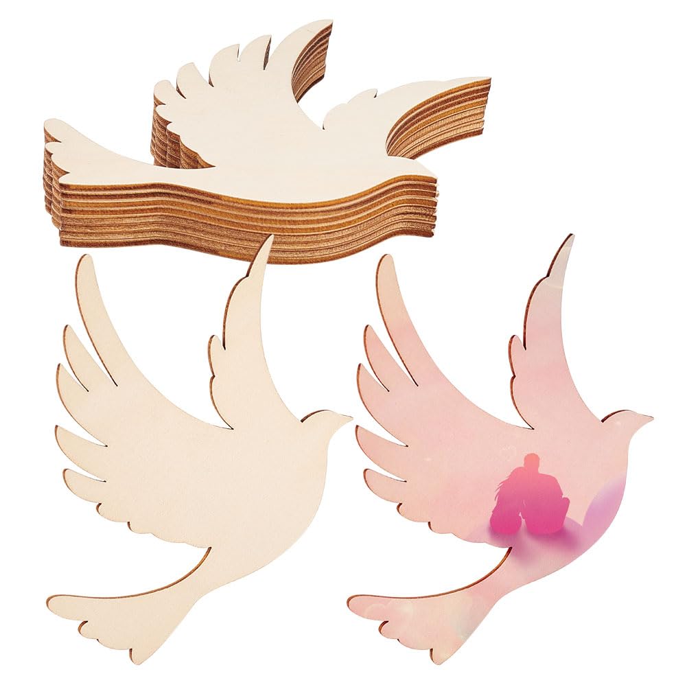 Wooden dove shapes with a pink dove cutout on a white background